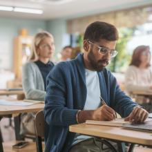 סטודנטים יושבים וכותבים על המחשב